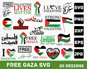 May include: A collection of 20 Palestine-themed SVG designs. The designs include text such as "Palestine Lives Matter", "Free Gaza", and "I Love Palestine", along with the Palestinian flag and fist symbols. Formats include SVG, PNG, DXF, EPS, and JPG.