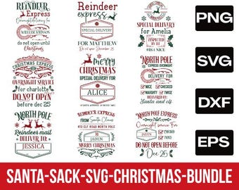 Puede incluir: Una colección de diseños digitales navideños con renos, Papá Noel y frases festivas. Los diseños incluyen texto como "Reindeer Express", "North Pole" y nombres como "William Johnson" y "Alice". Formatos: PNG, SVG, DXF y EPS.