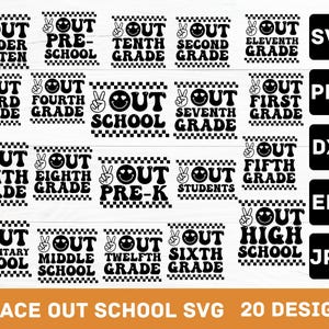 ピースアウトスクールSVGバンドル、レトロなピースアウトSVG、夏休みSVG、ピースアウトグレードSVG、最終学校日シャツSVG、スマイリーフェイスSVG