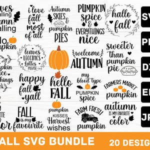 Może przedstawiać: Kolekcja jesiennych wzorów SVG z frazami takimi jak "Hello Pumpkin" i "Autumn Skies". Projekty obejmują dynie, liście i tekst w różnych czcionkach. Obraz zawiera również ikony typów plików, takie jak SVG, PNG, DXF, EPS i JPG.