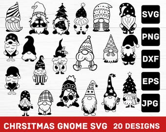 May include: A collection of 20 black and white Christmas gnome designs in various styles. The image includes SVG, PNG, DXF, EPS, and JPG file format options. Text at the bottom reads "CHRSITMAS GNOME SVG 20 DESIGNS".