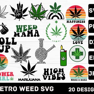 Könnte beinhalten: Eine Sammlung von 20 Retro-Weed-SVG-Designs. Die Designs umfassen Marihuanablätter, Texte wie "Weed Mama", "Roll Up" und "High Vibes" sowie Bilder eines Feuerzeugs und einer Bong. Formate: SVG, PNG, DXF, EPS und JPG.