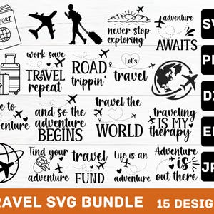 SVG-bundel voor reizen: 15 avontuurlijke ontwerpen (digitale download, klaar voor Cricut