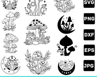 Pacchetto SVG di funghi mistici: clipart boho, arte floreale di funghi (download immediato)