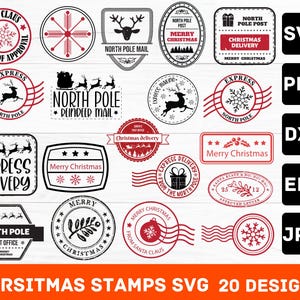 Pode incluir: Uma coleção de 20 designs de selos de Natal em vermelho e preto. Os selos apresentam elementos festivos como flocos de neve, renas, Papai Noel e saudações de feriados. Formatos: SVG, PNG, DXF, EPS e JPG.