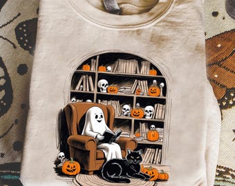 Vintage Ghost Reading Books Sweatshirt, Librarian Ghost Cute, Halloween Teacher Sweatshirt, Halloween Shirt, Teacher Gift, Boo School