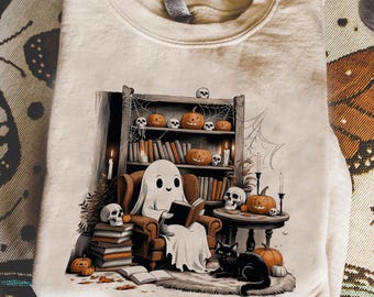 Ghost Reading Book Png, Ghost Books Halloween Png, Teacher Halloween Png, Book Lover Shirt Png, Black Cat And Book Png Halloween Library Png