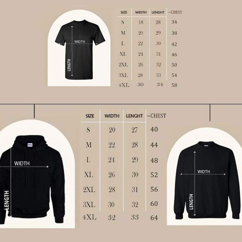 May include: Size charts for black t-shirts, hoodies, and sweatshirts. The charts show width, length, and chest measurements in inches. Sizes range from S to 4XL. The t-shirt chart includes measurements for sizes S to 4XL.