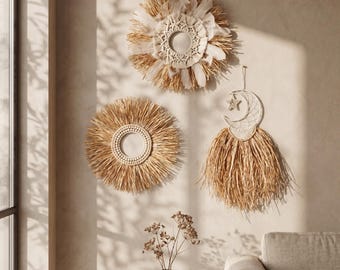Raffia Wall Hanging, Boho Sunburst Wall Decor for Bedroom, Coastal Macrame Wall Art, Natural Woven Home Accent Gift