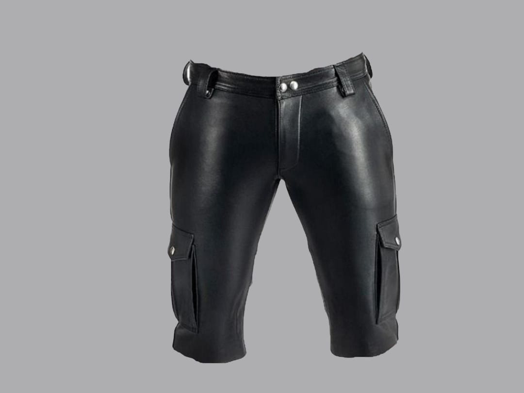 Double Front Zipper Real Sheepskin Black Leather Cargo Shorts For Men main image 1