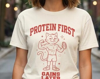 Zabawna koszulka z kotem na siłowni, koszulka fitness „Najpierw białko, później zyski”