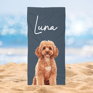 Custom Pet Photo Beach Towel with Name, Personalized Dog Towel Gift for Pet Lovers, Pool or Beach Towel in 12 Colors & 2 Sizes