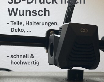 May include: A close-up of a 3D printer nozzle with the text "3D-Druck nach Wunsch" and "Teile, Halterungen, Deko,..." and "schnell & hochwertig" on the background. The nozzle is black and has an infinity symbol on it.