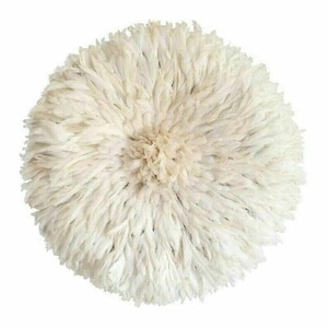 White Feather Juju Hat: 30&quot; Boho Wall Decor, Handmade Raffia
