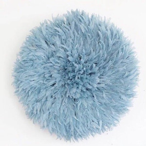 May include: A round, light blue feather wall decor piece. The feathers are arranged in a circular pattern, creating a soft, textured appearance. The color is a muted, pastel blue, suitable for various interior design styles.