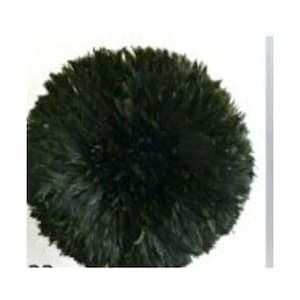 May include: A round, dark green decorative item with a fluffy, feathery texture. The object appears to be a pom-pom or a similar decorative element, possibly for crafts or home decor. The background is white.