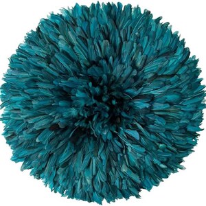 May include: A round, teal-colored decorative wall hanging made of feathers. The feathers are densely packed, creating a textured, spherical shape. The color is a deep, vibrant teal, adding a pop of color to any space. This item is a decorative wall art piece.