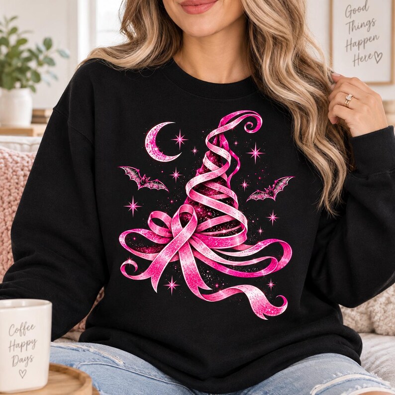 May include: A black long-sleeve sweatshirt featuring a graphic print of a witch hat constructed from a pink ribbon. The design includes a crescent moon, two small bats, and several four-pointed stars, all rendered in shades of bright pink.