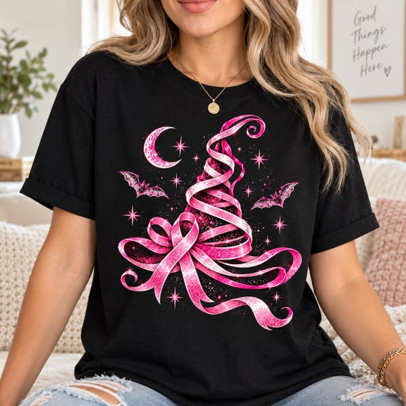 Pink Ribbon Witch Hat Shirt, Breast Cancer Awareness Halloween Tee, Pink Ribbon Sweatshirt, Support Breast Cancer, Cancer Survivor Gift