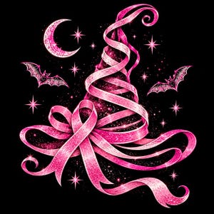 May include: A vibrant pink witch hat illustration against a black background, featuring a glittery texture, a prominent awareness ribbon at the base, a crescent moon, two flying bats, and several sparkling four-pointed stars surrounding the hat.