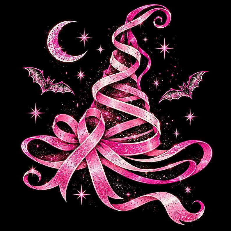 May include: A vibrant pink witch hat illustration against a black background, featuring a glittery texture, a prominent awareness ribbon at the base, a crescent moon, two flying bats, and several sparkling four-pointed stars surrounding the hat.