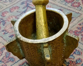 Jewish North African Diaspora Judaica | Over 300 Year Old Brass Mortar & Pestle/ Ritual Shechita Object -- Museum Worthy Quality and History