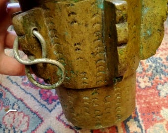 260 Year Old Diaspora Judaica -- Engraved Brass Jewish North African Mortar & Pestle (Meraz)/Shechita Ritual Object