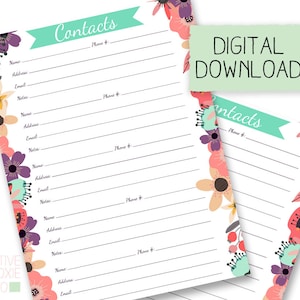 Contact List Printable , Address Book Printable, Address Log Printable, Contacts Page Printable, Floral, Letter Size PDF, Instant Download image 1