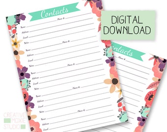 Contact List Printable , Address Book Printable, Address Log Printable, Contacts Page Printable, Floral, Letter Size PDF, Instant Download