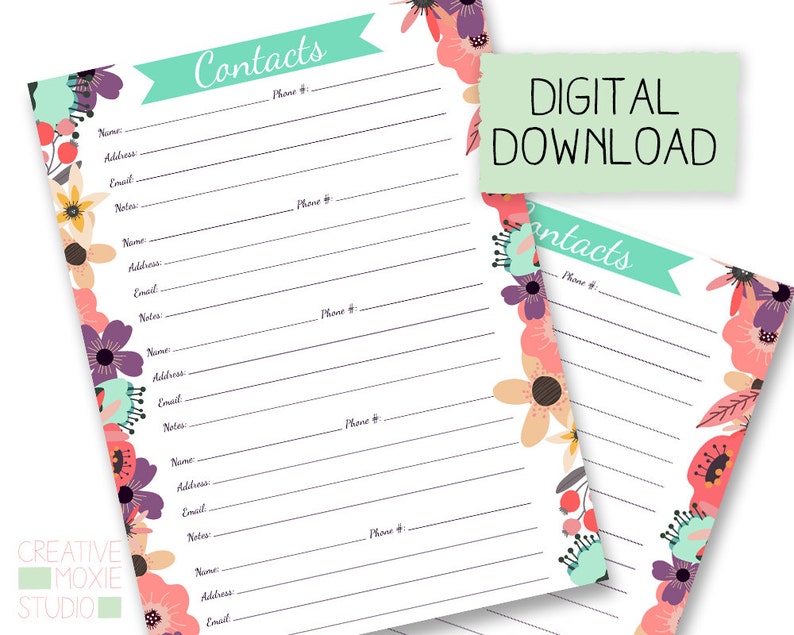 Contact List Printable , Address Book Printable, Address Log Printable, Contacts Page Printable, Floral, Letter Size PDF, Instant Download image 1