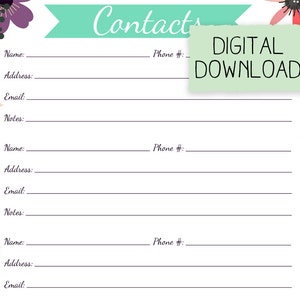 Contact List Printable , Address Book Printable, Address Log Printable, Contacts Page Printable, Floral, Letter Size PDF, Instant Download image 2