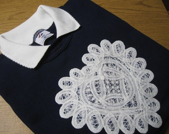 2X Battenburg Lace Embellished Navy Sweatshirt with White Pointelle Collar