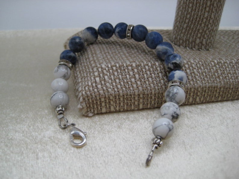 Blue, White & Gray Gemstone Beaded Bracelet / Gemstone Jewelry / OOAK Gemstone Bracelet image 2