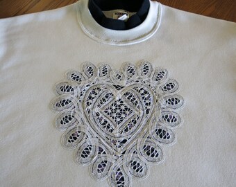 Small White Embellished Battenburg Lace Heart Long sleeve Sweatshirt with Navy Mock Neck