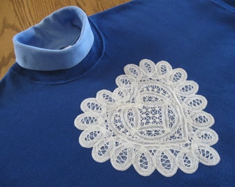 XLarge Battenburg Lace Embellished Long sleeve Royal Blue Sweatshirt with Light blue Turtleneck