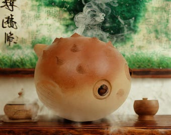 handmade Pufferfish blow bubbles Figurine tea pet,unique ceramic sculpture,decor,clay teapet,unglazed ceramic,tea-aged patina,cute gift