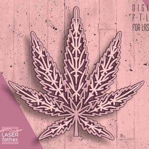 May include: A layered, stylized cannabis leaf design in shades of pink and white, suitable for laser cutting. The image includes the text "DIGITAL FILES FOR LASER CUT" and file type abbreviations like SVG, CDR, DXF, AI, EPS, and DWG.