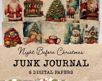 The Night Before Christmas Junk Journal Pages | Printable Christmas Journal Kit | Vintage Christmas Papers | Scrapbooking, Paper Crafting