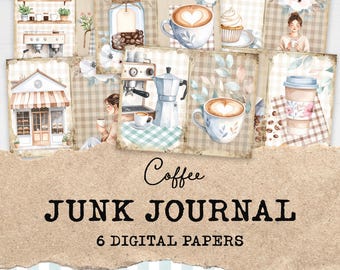 Puede incluir: Conjunto de papeles digitales con ilustraciones de temática de café. El conjunto incluye imágenes de tazas de café, máquinas de espresso y una cafetería. También se ve el texto "Coffee Junk Journal" y "6 Digital Papers".