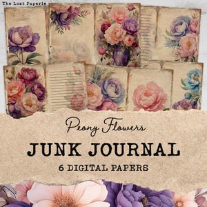 Vintage Peony Junk Journal Pages | Printable Peony Flowers Junk Journal Kit | Shabby Chic Scrapbooking Supply, Paper Craft Digital Download
