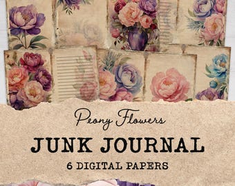 Vintage Peony Junk Journal Pages | Printable Peony Flowers Junk Journal Kit | Shabby Chic Scrapbooking Supply, Paper Craft Digital Download