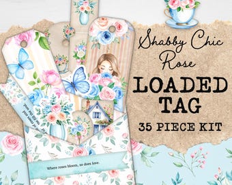 Shabby Chic Rose Junk Journal Tag Kit | Loaded Tag Printable | Watercolor Pastel Vintage Pocket | Floral Junk Journal Folio | Rose Ephemera