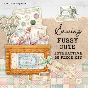 May include: A collection of sewing-themed paper cutouts, including scissors, buttons, needles, thread, and a sewing machine. The text reads "Sewing Fussy Cuts Interactive 68 Piece Kit" and "Sewing Notions". A measuring tape shows inches.