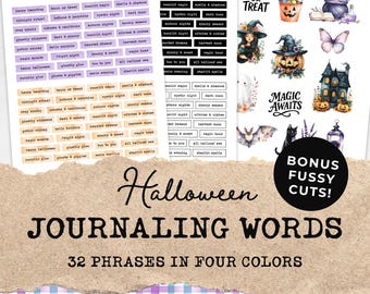 May include: A collection of Halloween-themed journaling words and phrases in four colors. The image includes phrases like "midnight ritual" and "ghostly whispers", along with decorative elements such as pumpkins and bats. The text "Halloween Journaling Words" is prominently displayed.
