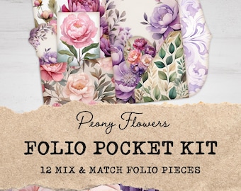 Peony Junk Journal Folio Kit | 12 Floral Junk Journal-afdrukbare items, kaarten, ephemera, papiermodellen | Pioenrozen, bloemen, vintage rommeldagboekkit