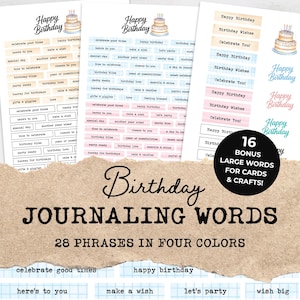 Birthday Words Junk Journaling Printable Kit | 28 Phrases, 16 Bonus Strips & Hand-Lettered Happy Birthday for Papercraft, Collage, Scrapbook