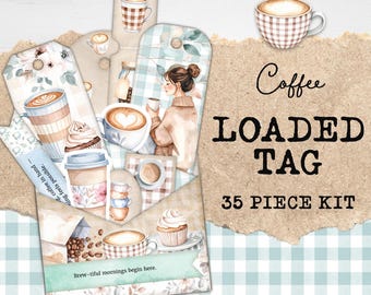 Loaded Tag Printable | Coffee Junk Journal Tag Kit | Pastel Vintage Pocket | Papercraft Cafe Ephemera | Junk Journal Folio | Coffee Ephemera