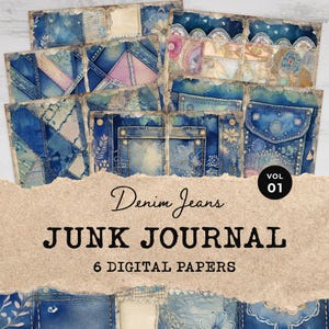 Utskrivbara skräpjournalsidor med vintage-denimjeans, volym 1 | Digitalt papper, scrapbookpapper, papperspyssel | Skräpjournal med patchwork-denim och spets