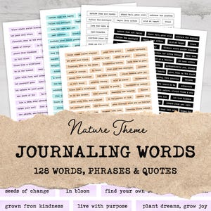 May include: A set of 128 printable journaling words and phrases with a nature theme. The words are printed on white paper with a light blue, pink, and yellow background. The words include "seeds of change", "in bloom", "find your own", "grown from kindness", "live with purpose", and "plant dreams, grow joy".