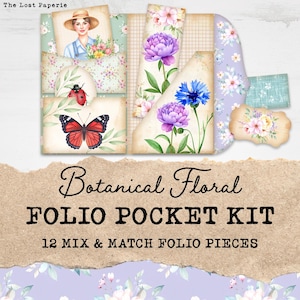 Printable Botanical Floral Junk Journal Folio Kit | Vintage Flower Specimen Ephemera, Garden Paper Craft Pockets for Collage & Scrapbook
